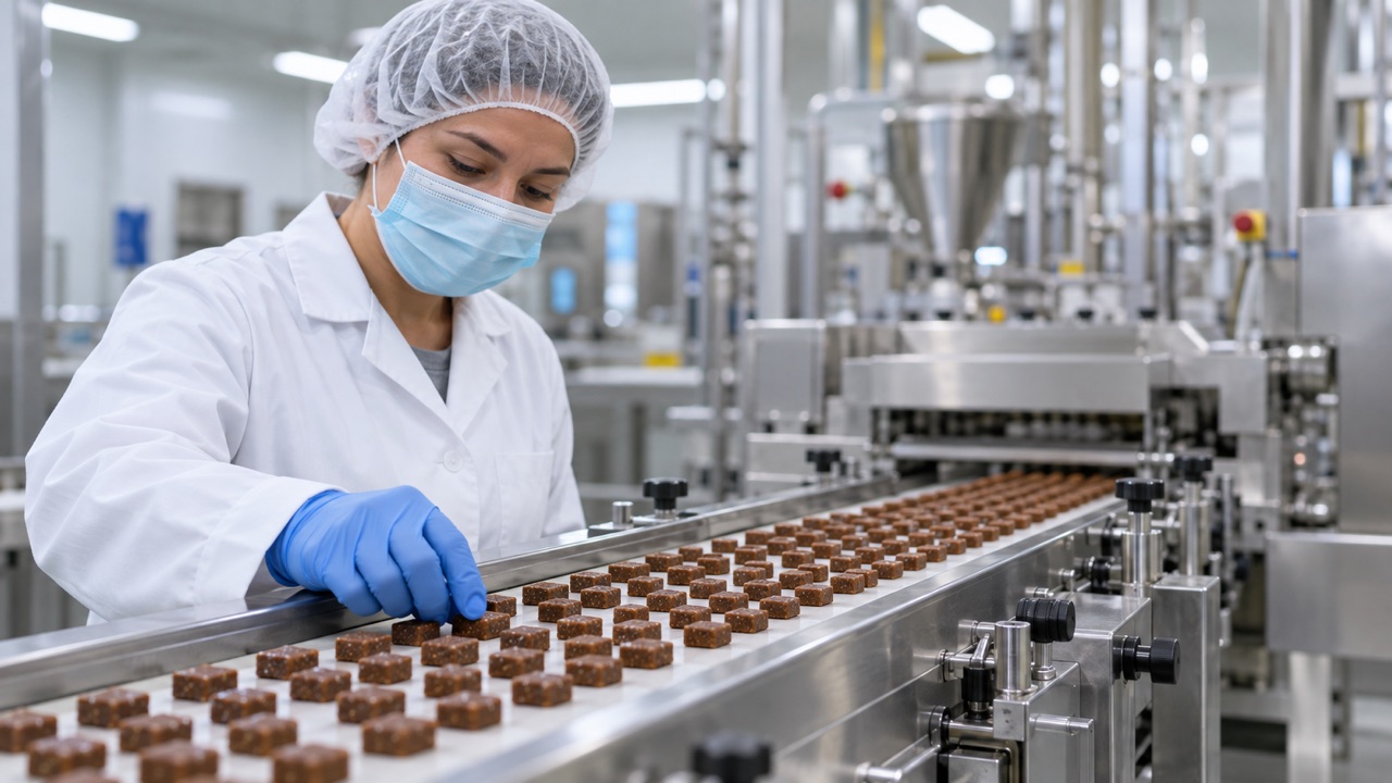Quality check on a soft-chew production line: a worker in a hairnet and gloves inspects chews on the conveyor