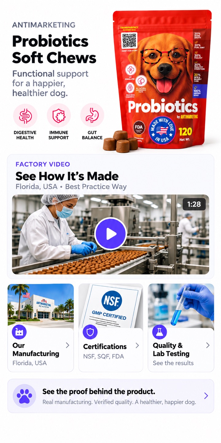 Antimarketing Probiotics Soft Chews product page: factory video, manufacturing, certifications and lab testing